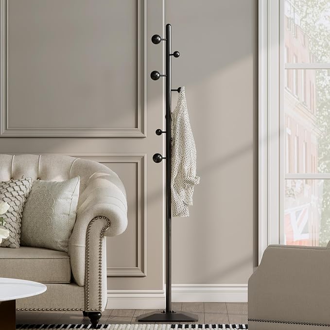 Metal coat rack stand with geometric shape metal base,Heavy duty coat rack freestanding with 7 ball hooks,Coat racks tree hats hanger holder stand for entryway, hallway, bedroom