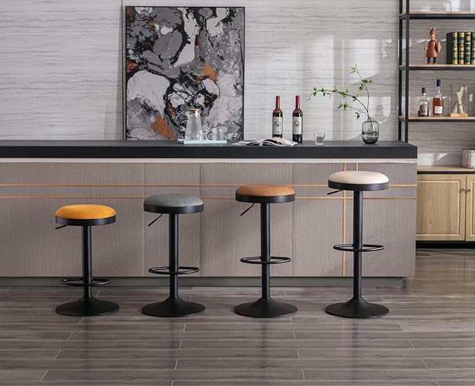 Round Swivel Counter Height Bar Stools Set of 3 Modern Adjustable Barstools Backless PU Leather Bar Chairs Industrial Island Chairs with Metal Base/Footrest for Kitchen Island/Pub/Bar, Brown