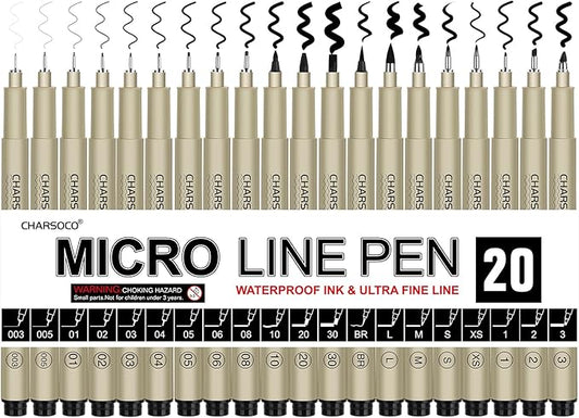 Black Micro Pens, 20 Sizes in 0.15mm - 5mm, Waterproof Archival Ink, Fine Point Pen for Artist Illustration, Sketching, Anime, Manga and Technical Drawing