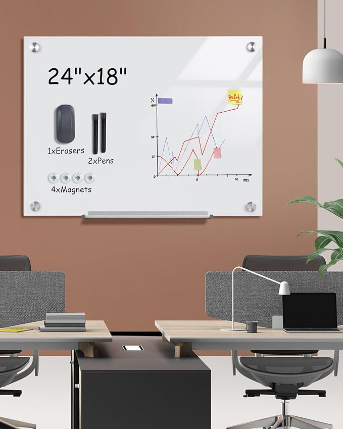 Magnetic Glass Whiteboard，24"x18" Wall Mounted Frameless Dry Erase Board for Office, Home & School Ultra White