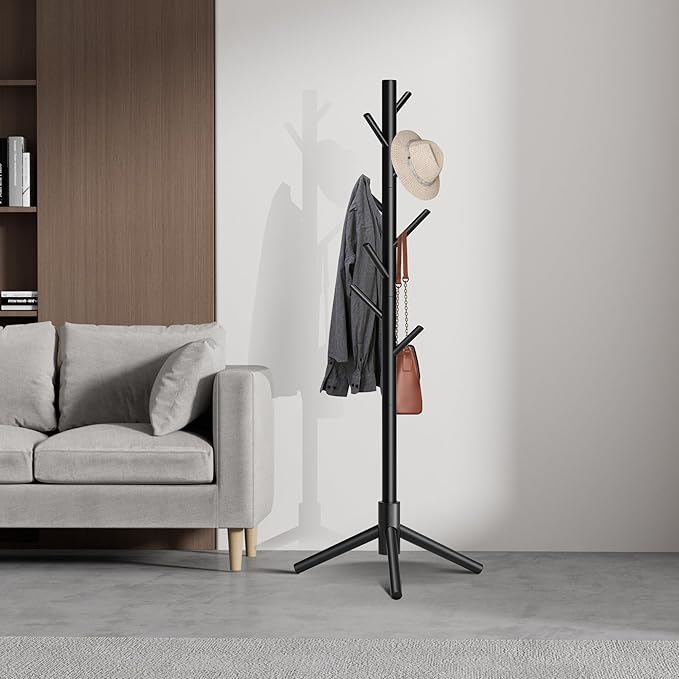 Wooden Coat Rack, Free Standing Coat Rack with 8 Hooks 3 Adjustable Heights for Clothes, Hats, Handbags, Coat Tree Easy Assembly for Entryway, Bedroom, Hallway, Office(2PCS)
