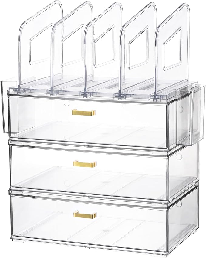 Acrylic Desk Organizer Set, 3 Pack Stackable Desktop Drawer Organizer with 4 Vertical File Holders and 2 Pen Holders, Desk Organizers and Accessories for Home Office Storage