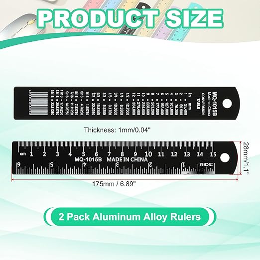 PATIKIL 15cm/6" Metal Ruler, 2 Pack Aluminum Alloy Rulers with Centimeters, Millimeters, Inches and Conversion Table Straight Edge Ruler for Writing Machinist Drafting, Black