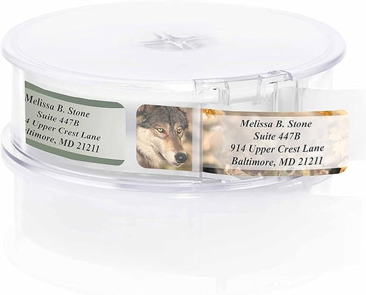 Nature's Wildlife Assorted Designer Rolled Address Labels with Elegant Plastic Dispenser