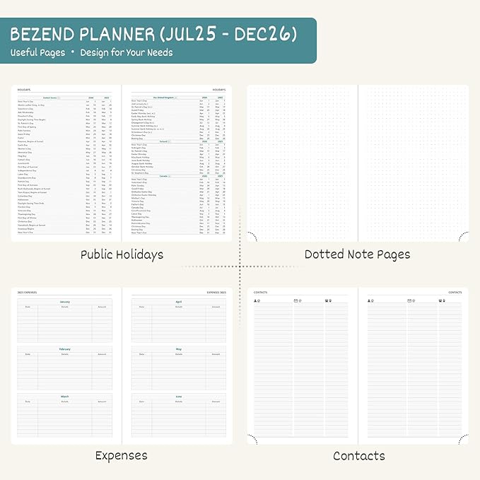 BEZEND Planner 2025-2026 Weekly and Monthly, 5.8" x 8.5" Academic Calendar (Jul 25-Dec 26) Vertical Daily Appointment with Hourly Timeslot & Monthly Tab, Spiral, PU Leather Softcover - Mint Green