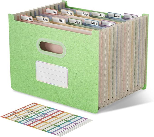 Accordion File Organizer, 12 Pockets Wheat Straw Expanding File Folders, Upright & Open Top, Monthly Bill Receipt Organizer, 100% BPA Free, Return to Nature, Healthy Living, Letter/A4 Size-Mint Green
