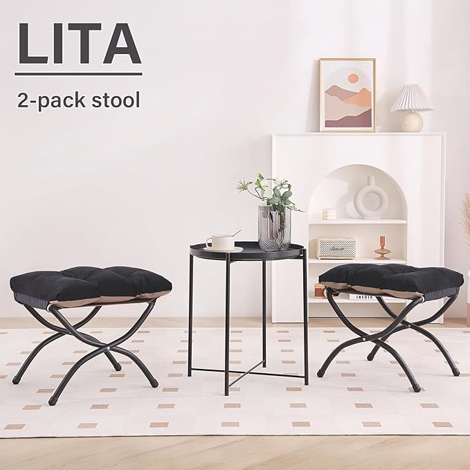 LITA 2 Pcs Folding Upholstered Footrest Stool, Modern Small Portable Accent Ottoman with Detachable Thick Cotton Cushion, Padded Sofa Stool with Metal Frame, Living Room & Bedroom,Velvet Black