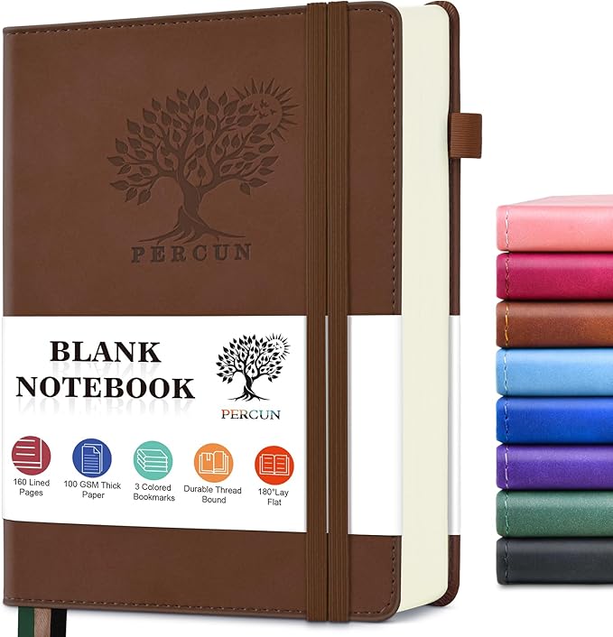 PERCUN Blank Journal Ntebook for Men & Women, 160 Pages Blank Journals for Writing, Drawing,Sketch Book,5.9" x 8.5" Leather Sketchbook, Unlined Notebook for Work, School, Art - Brown