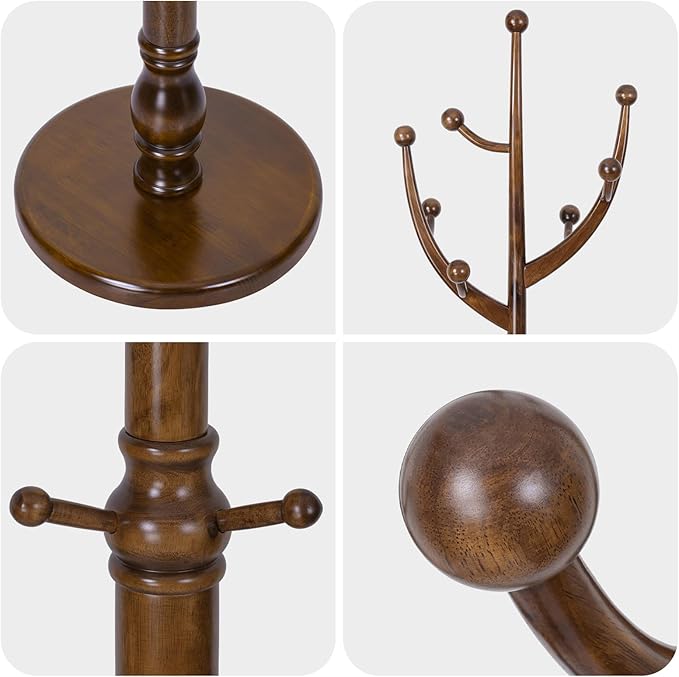 Coat Rack Freestanding Coat Tree with Sturdy Round Base, Unique Coat Hanger Stand, Heavy Duty Standing Coat Rack Clothes Stand for Winter Jacket, Hat, Entryway/Hallway/Bedroom, Walnut