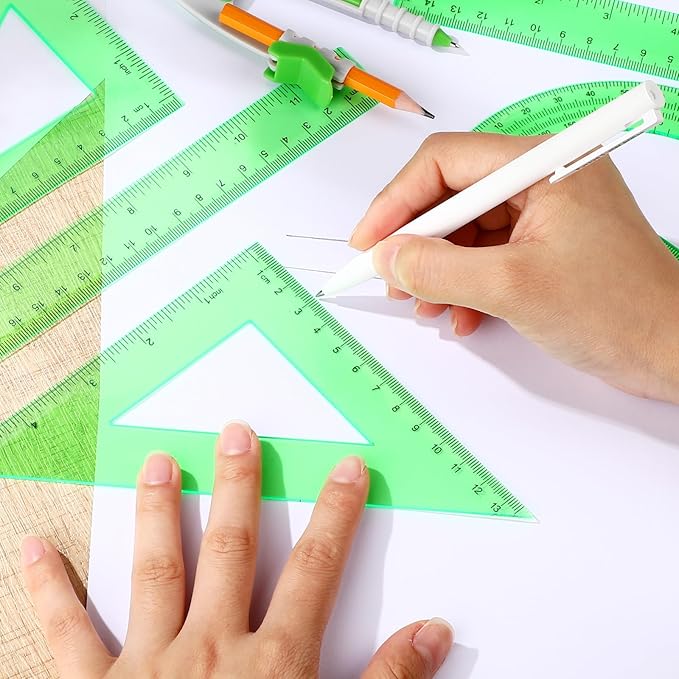 Zonon 1 Set Plastic Geometry Math Set 7 Pcs Includes 6'' / 4 '' Protractor, Drawing Compass, 45/60 Degree Triangle Rulers, 12'' / 6'' Math Ruler Transparent for Office Supplies(Green)