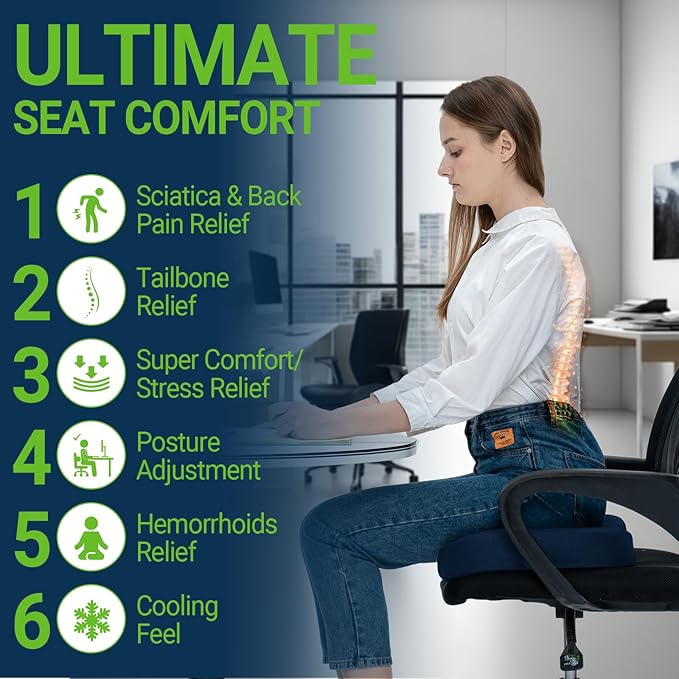 Gel Seat Cushion for Car Office - Memory Foam Pain Relief Chair Pillow Cushions - Tailbone Sciatica Coccyx Butt Lumbar Support Pad for Sitting Driving Traveling, Mesh, Blue