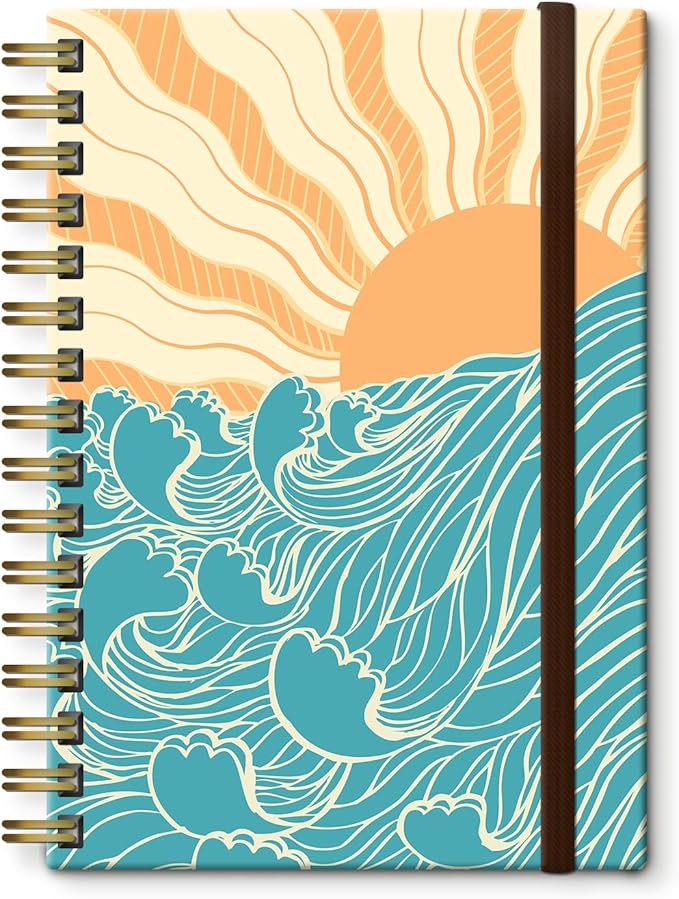 Spiral Journal Notebook, A5 Cute Notebooks for Women Men, College Ruled Hardcover Notebook for Work & Note Taking, 60 Pages Double-Wire Journals for Writing, Boho Sun Sea