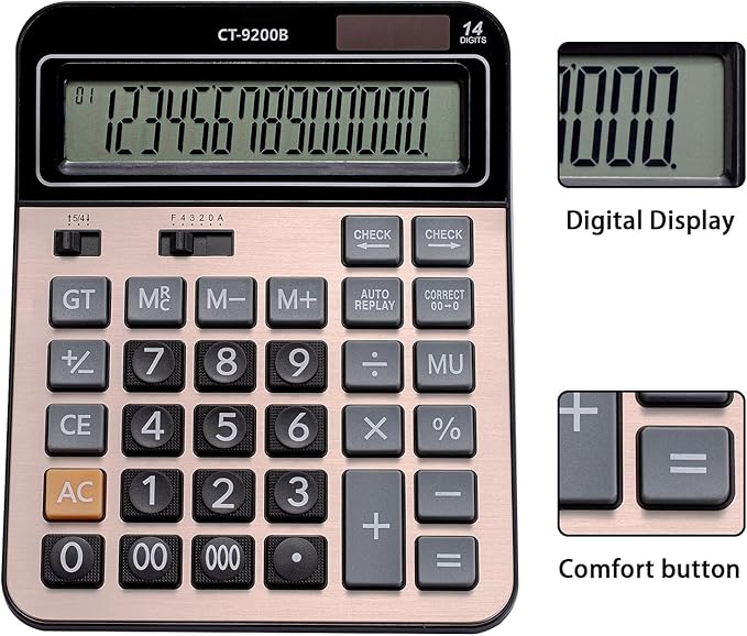 Large Computer Electronic Calculator Counter Solar & Battery Power 14 Digit Display Multi-Functional Big Button for Business Office School Calculating (HY-9200B)