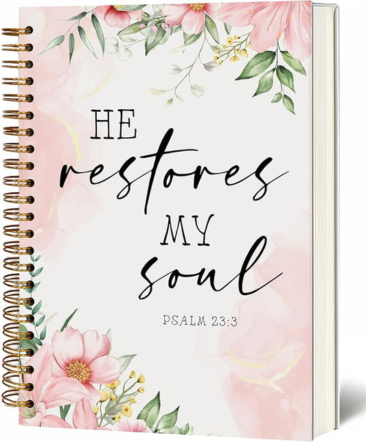 Bible Notebook, A5 Spiral Christian Journal with Floral Pink Butterfly Notebook, Bible Verse-He Restores My Soul, Inspirational Notebooks for Women, Bible Study, Gift for Birthday Christmas, Office Supplies (Light pink)