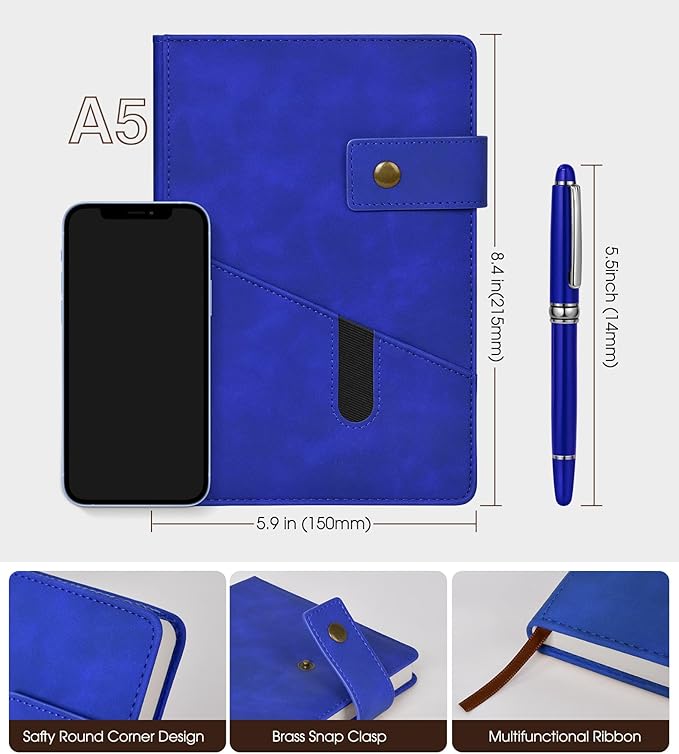 A5 Lined Leather Journal Notebook for Men Women,5.9" X 8.4" Personalized Hardcover Journal with Pen,200 Pages 100 Gsm Thick Ruled Paper Daily Diary for School,Travel,Work,Home,Writing