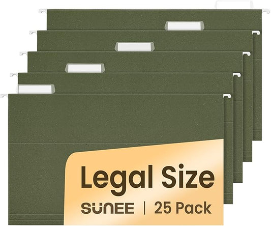 SUNEE Hanging File Folders Legal Size,25 Pack Reinforced Hang Folders, Adjustable 1/5-Cut Tabs, Designed for Bulky Files, Filing Cabinet, Standard Green