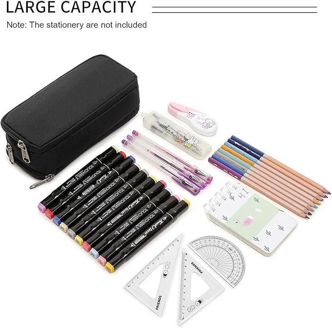 Della Gao Large Capacity Pencil Case, Aesthetic Pencil Pouch with 3 Compartments Nylon Storage Pen Bag Office Stationery Organizer for Women and Men- Black