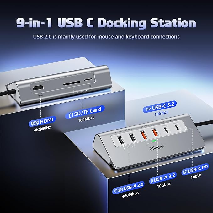 USB C Hub 10Gbps, 9-in-1 USB 3.2 Hub with 4K@60Hz HDMI, Type-C 3.2, 2 USB-A 3.2, 2 USB-A 2.0, PD 100W, SD/TF Slot, Aluminum USB Hub for Laptop, iPhone 16/15 Series, MacBook Air/Pro and More