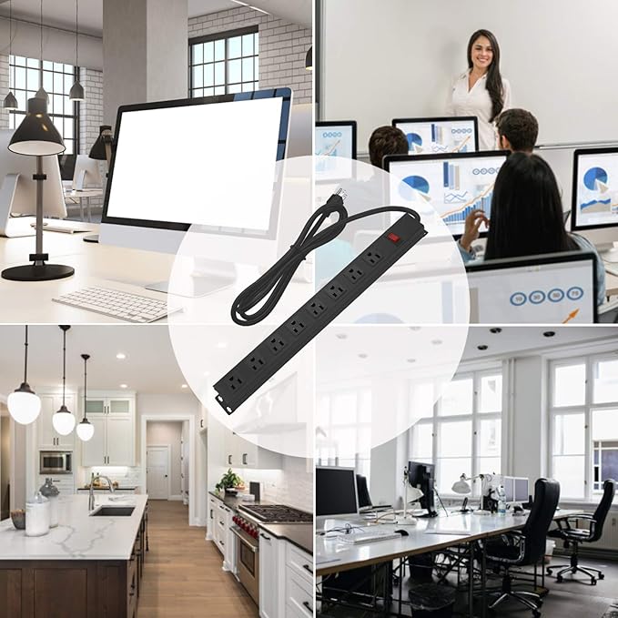 Metal 8 Outlet Mountable Power Strip, Wall Mount Outlet Heavy Duty, Wide Spaced Commercial Shop Power Strip with Switch, 3 FT SJT 14AWG Power Cord.(3FT)