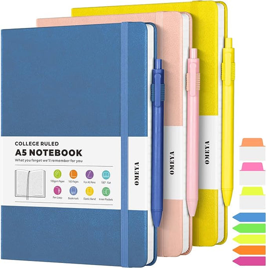 Lined Journal Notebook, 3 Pack A5 College Ruled Notebooks for Work, Hardcover Notebook Each with 2 Pockets & Pen, Leather Journal for Women, Men, 160 Pages, 100GSM Thick Paper (Multi-Colors 5.7"x8.3")