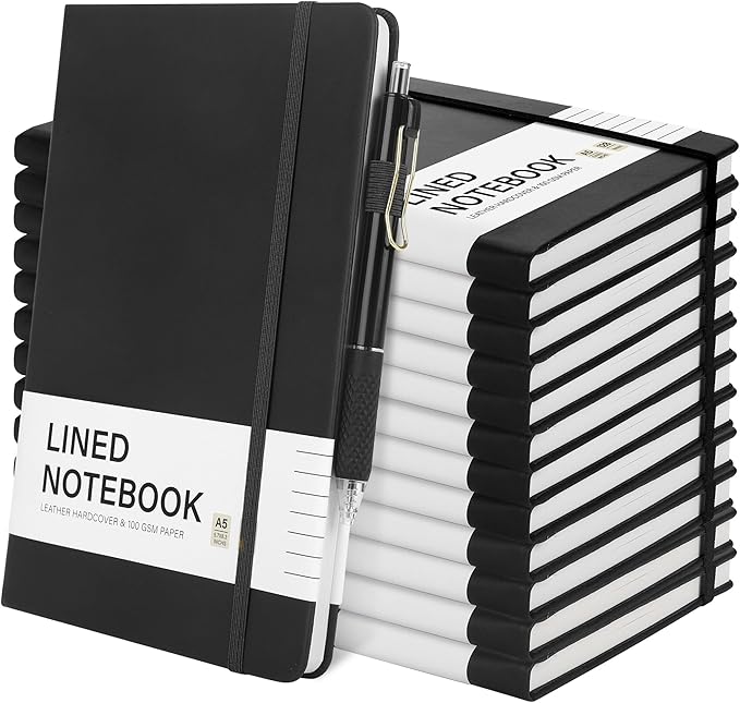 Aodaer 12 Set Lined Notebook Journals with Pens A5 Notebooks 100 GSM College Ruled Hardcover Notebook PU Leather Notepad with Pen Holder for Office School, 5.7 x 8.3 Inches, Black