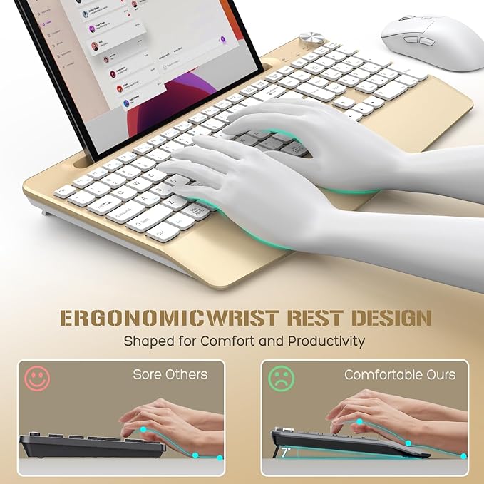 Ergonomic Wireless Keyboard and Mouse with Wrist Rest，Phone Holder - 2.4GHz Full-Sized Low-Profile Quiet Gold Wireless Mouse and Keyboard Combo for Computer, Laptop, PC, Mac-Gold