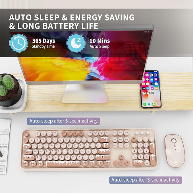 Wireless Keyboard and Mouse Combo, 2.4 GHz Wireless Full-Sized Typewriter Keyboard with Round Keycaps for Windows, Computer, Desktop, PC, Laptop (Ice Cream)