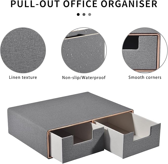 Linen Leather Desk Organizer with Drawers－Mini Desktop Drawer Organizer Stackable－Multifunctional Tabletop Organization Storage Box for Office Supplies Home Vanity Toiletries (Grey, 2-drawers)