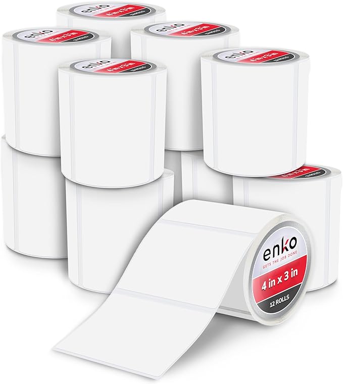 enKo 4" x 3" Labels for Zebra Desktop Printers (12 Rolls, 6000 Labels) - Blank White Direct Thermal Address Mailing Shipping Barcode FBA Stickers FNSKU Label for Zebra and Eltron (Perforated)