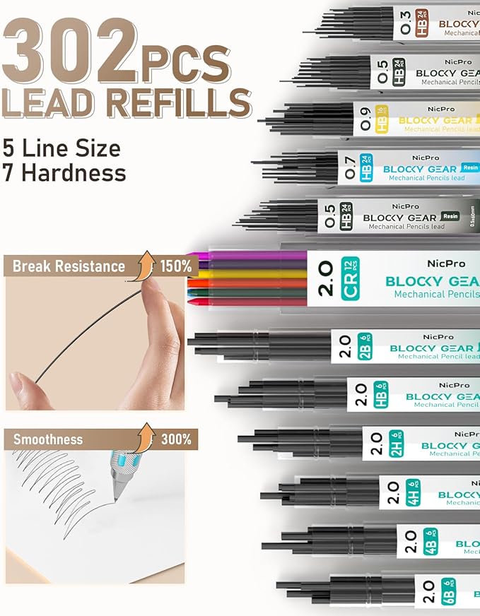 Nicpro 36PCS Blocky Gear Mechanical Pencil Set with Case, Metal Mechanical Pencils 0.3, 0.5, 0.7, 0.9, 2mm Lead Holder for Art Drawing Sketching with 21 Tubes (6B 4B 2B HB 2H 4H Colors) Lead Refills