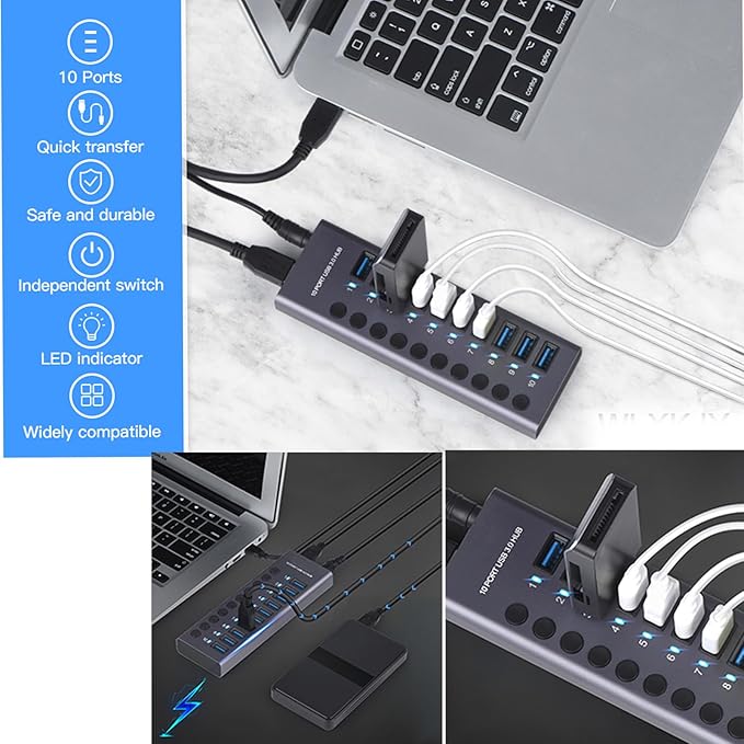 MaxLax 10 Port Aluminum USB 3.0 hub with 10 Port USB Data Transfer,Power Adapter USB Splitter Independent Switch