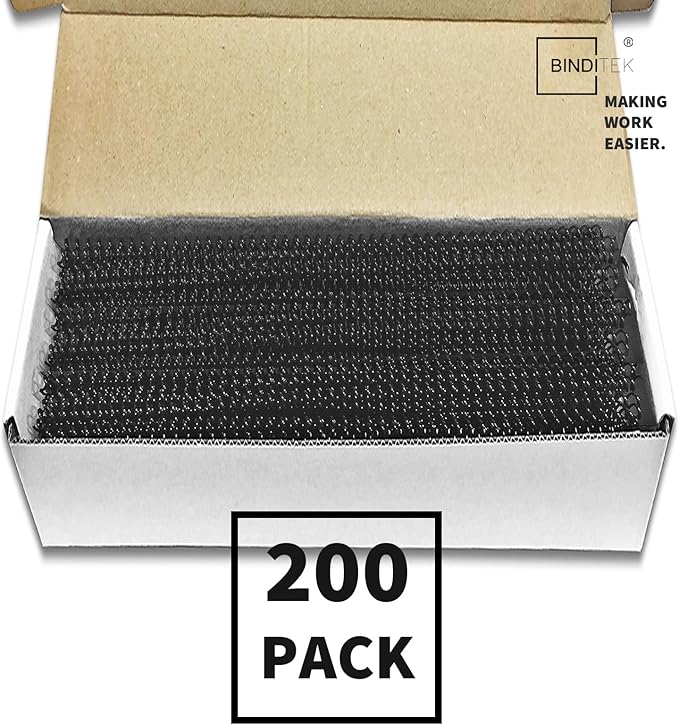 Binditek 200 Pack Plastic Spiral Binding Coils, 8mm(5/16"), 40 Sheet Capacity, 4:1 Pitch, Black, 48Loops, for Letter Size, for Students and Coworkers