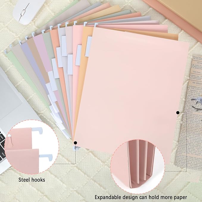 gisgfim 24 Pack Pastel Expanding Hanging File Folders Letter Size Insertable 1/5 Cut Tabs for Filing Cabinets Extra Capacity File Folders Hanging Organizer for Desk Home Office School(Pastel)