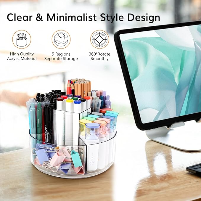 Rotating Pencil Holder for Desk, 5 Slots 360-Degree Spinning Acrylic Pen Holder for Desk, Marker Holder Caddy Art Supply Organizer Pen Organizer for Office Home School