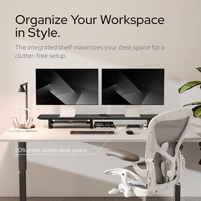 KIVY Dual Monitor Riser With Integrated Metal Shelf [MADE BY HAND] - Wooden Desk Shelf for 2 Monitors - Wide Long Stand for Desk (44 x10x3in - Black)