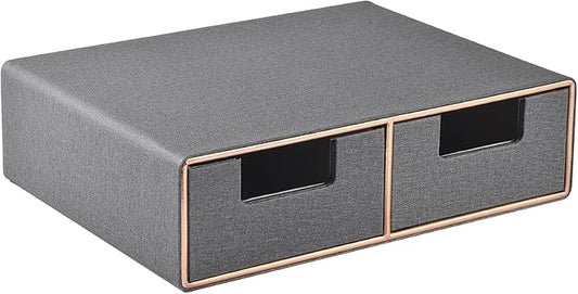Linen Leather Desk Organizer with Drawers－Mini Desktop Drawer Organizer Stackable－Multifunctional Tabletop Organization Storage Box for Office Supplies Home Vanity Toiletries (Grey, 2-drawers)