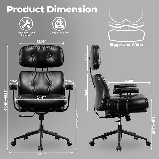 ovios Ergonomic Home Office Chair, Mid-Century Modern Faux Leather Chairs with Thickened Cushions, Comfy High Back Swivel Rolling Executive Computer Armchair (Black, PU Leather)