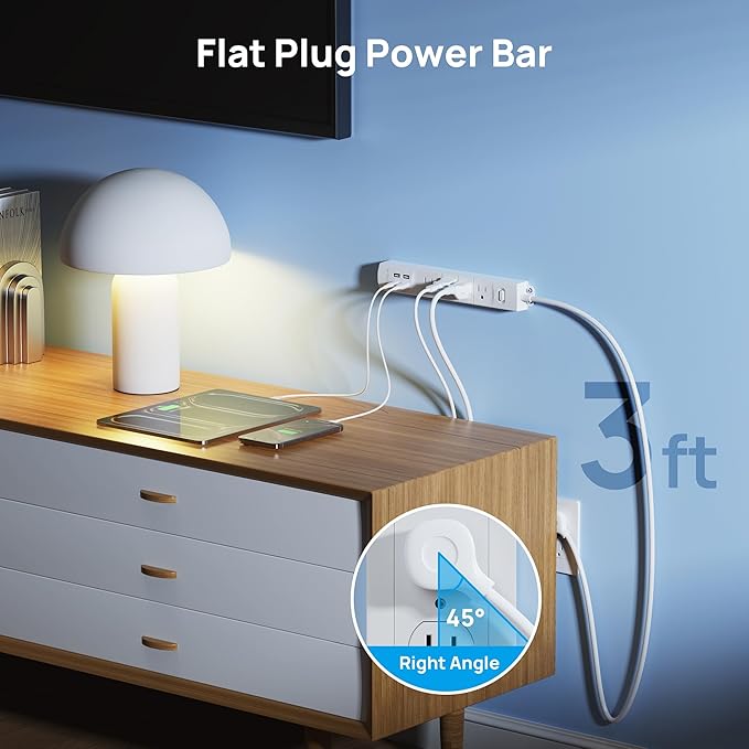 TROND Surge Protector Power Strip with USB, Ultra Thin Flat Plug 3ft Extension Cord 1625W, 3 USB A & 1 Type C, 4 AC Outlets 1440J Surge Protection ETL Listed, Wall Mount for Home Office Dorm, White