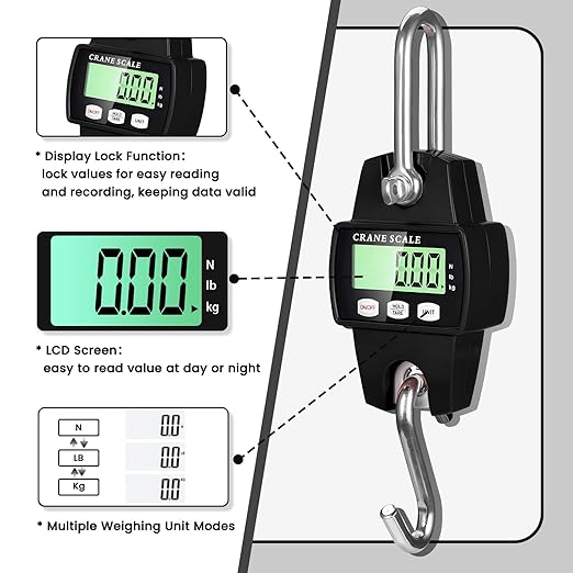 Digital Hanging Scale, 1102lb Crane Scale, 500kg Black Digital Electronic Weighing Scale with LCD Display for Hunting, Outdoor, Bass Fishing, Big Game, Farm