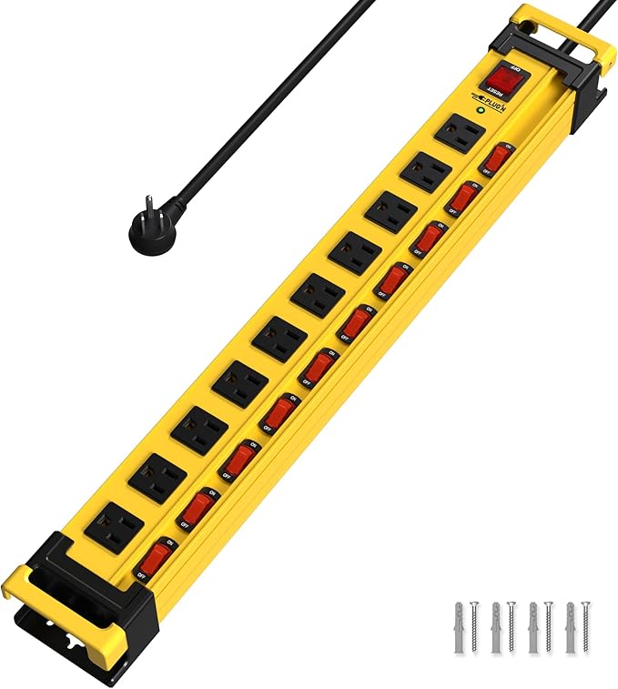 Power Strip 10 Outlet,3300J Surge Protector with Individual Switches,9FT Cord 14AWG/15AMP/1875W,Metal Heavy Duty Power Strip with Cord Manager,for Workshop,Garage,Shop,Home
