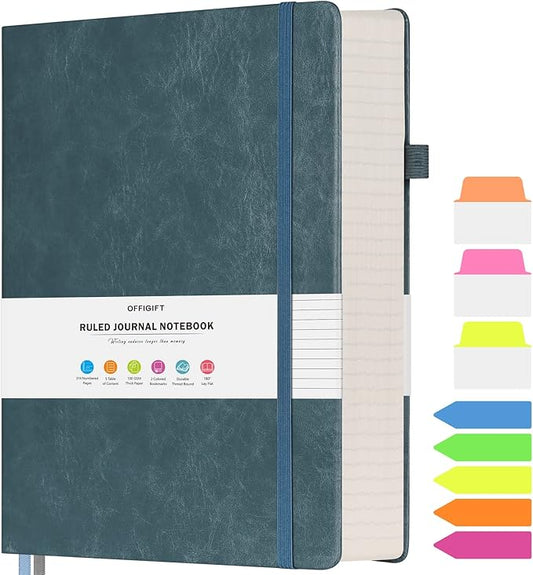 College Ruled Notebook, Large B5 Lined Journal Notebook, 314 Numbered Pages Work Notebook with Index Stickers, 100gsm Paper, Hardcover Vegan Leather Journal for Women Men School Office, Grey Blue