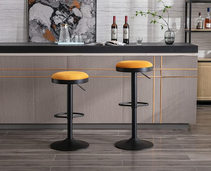 Round Swivel Counter Height Bar Stools Set of 3 Modern Adjustable Barstools Backless Corduroy Bar Chairs Industrial Island Chairs with Metal Base/Footrest for Kitchen Island/Pub/Bar, Yellow