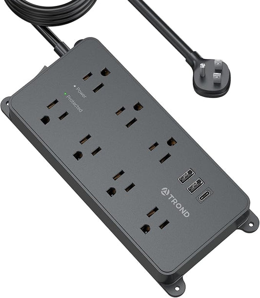 TROND Power Strip Surge Protector 10ft, ETL Listed, Flat Plug Extension Cord with 2 USB-A & 1 USB-C, Wall Mountable, 7 Widely-Spaced Outlets, 1700J, for Home Office Garage, Black