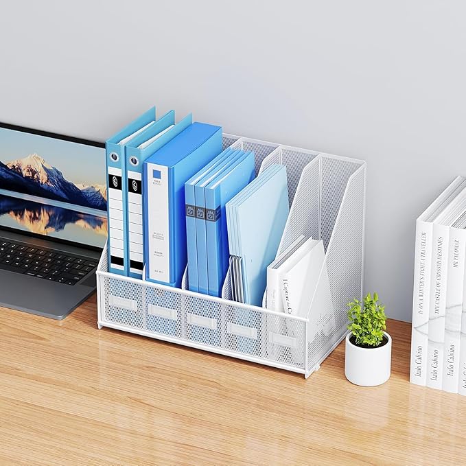 Marbrasse File Organizer for Desk,Desk File Organizer with 5 Vertical Compartments Mesh Magazine File Holder for Office Home School