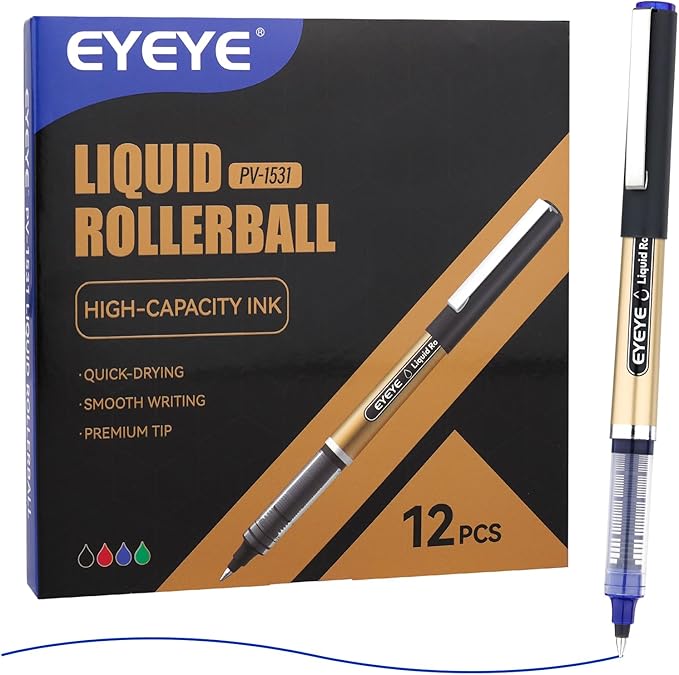 EYEYE 12 Pack 0.5mm Extra Fine Point Blue Rollerball Pens Quick Dry Liquid Ink, Smooth Writing Fine Tip Pens for Journaling, Note Taking, Office & School Supplies