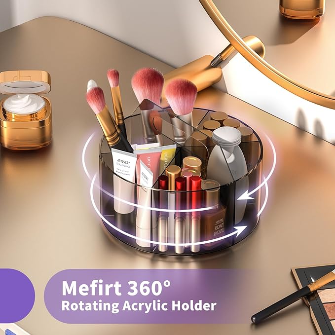 Acrylic Pen Organizer, 360 Degree Rotating Desk Organizer with 6 Compartments Crayon Holder for Office, School, Home, Art Supply, Grey