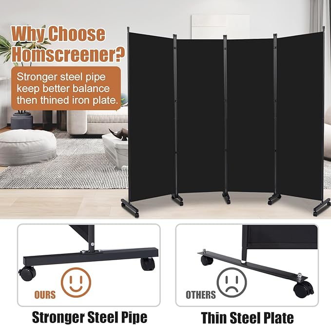 Room Divider Portable 88'' Partition Room Dividers and Folding Privacy Screens 4 Panel Wall Divider for Room Separation, Freestanding Fabric Room Divider Panel with Wheels for Home Office Hospital