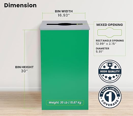Alpine Commercial Indoor Recycle Bin - 29 Gallon Modern Looking Green Recycle Bin, Office Recycling Bins, Metal Trash and Recycling Container with Stickers & 3 Optional Lids (lid Sold Separately)