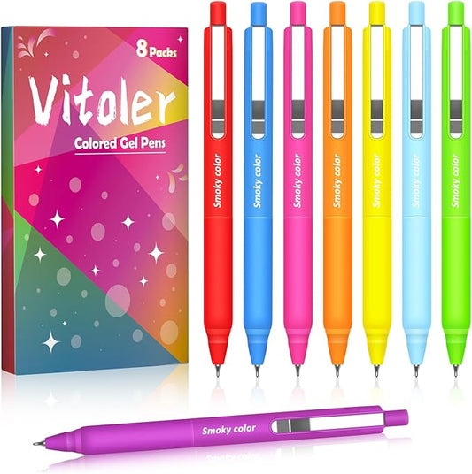 Vitoler Pens, 8 Pack Quick Dry Colored Pens 0.5mm Retractable Slient Gel Pen Gift Pen for Women Kids Journaling Writing School Office Supplies