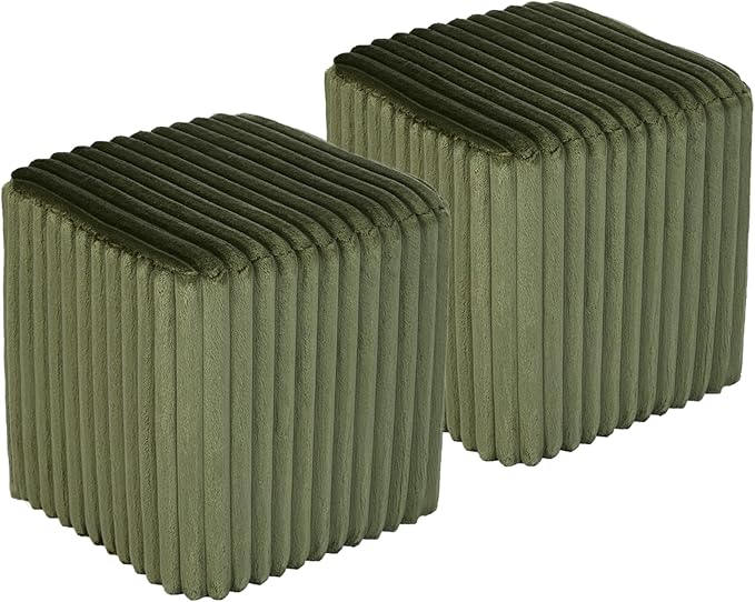 Modern Square Ottoman 2Pcs, Vertical Channel Tufted Foot Stool Ottoman, Velvet Upholstered Vanity Stool for Makeup, Bedroom, Living Room, Dark Green